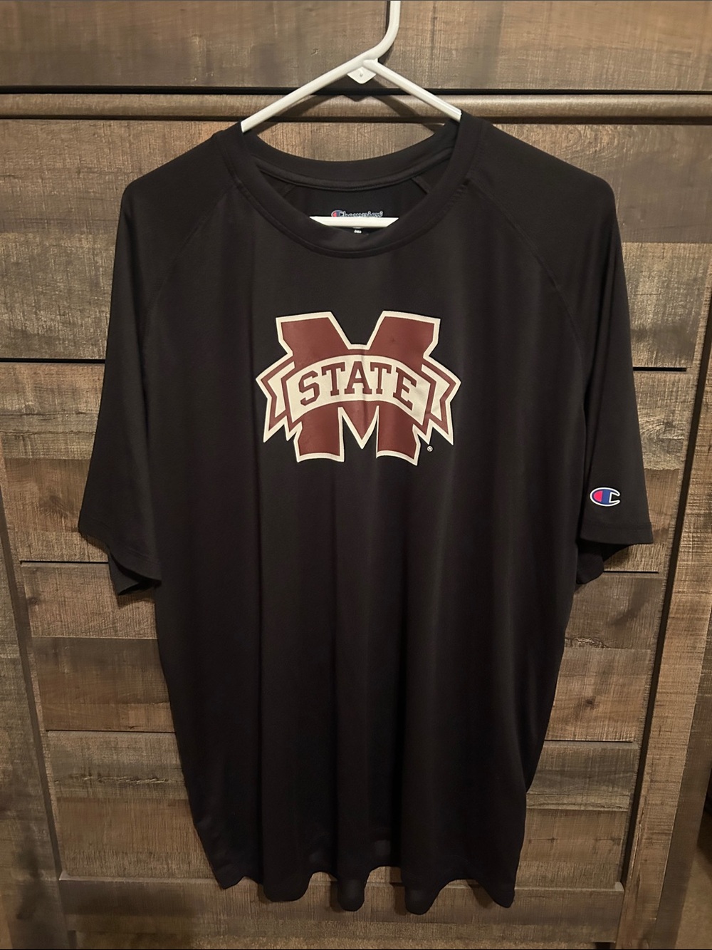 Champion Black Tee with Maroon Mississippi State Logo